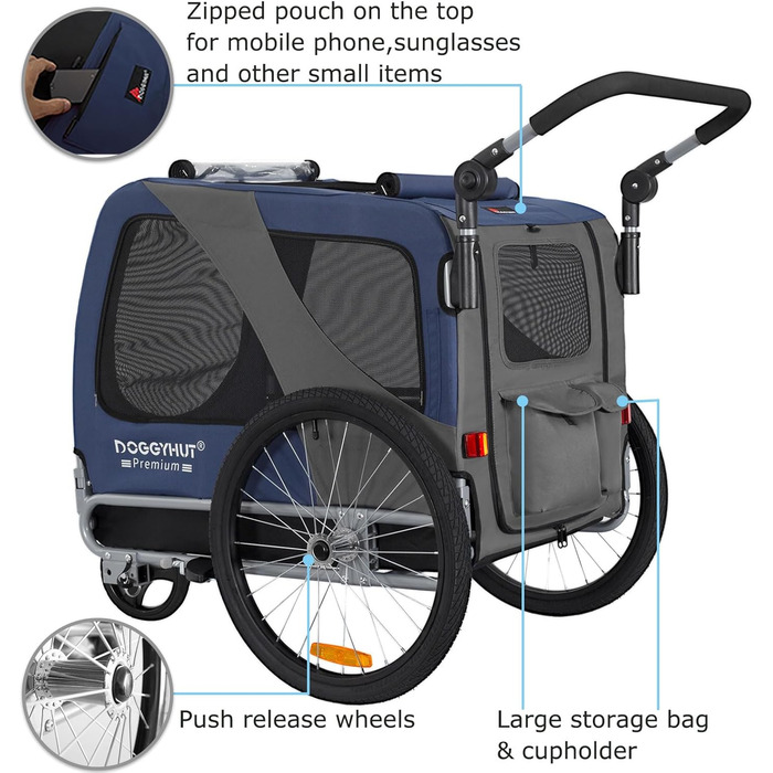 DOGGYHUT® Преміум великий велосипедний причіп для собак 2 в 1 / візок-бігун для собак / причіп для собак великий, 270 літрів, для собак середніх та великих порід до 35 кг, зелений/чорний (синій/чорний)