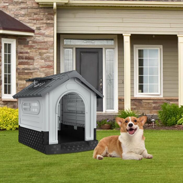 Будка для собак Aufun, сіра, 65x56.5x67 см, пластик, водонепроникна, ізольована, з вентиляцією та піднятим дном