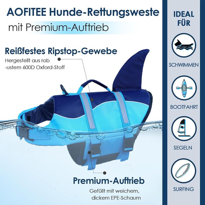 Спасальний жилет для собак AOFITEE, блакитний, з ручкою та світловідбиваючими смугами, XS