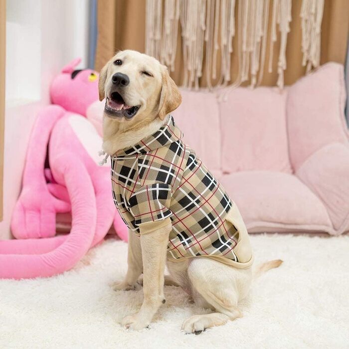 Пуловер для собак ExPawlorer в британському стилі в клітинку Тартан, теплий, з отвором для повідка, з капюшоном, для холодної погоди та зими, розміри XL-XXL (Бежевий)