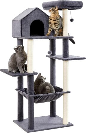 Дерев'яний котячий комплекс Made4Pets для кімнатних котів, багаторівневий когтеточка з плюшевим гамаком, затишний будиночок, стовпи для дряпання, верхня платформа та 2 підвісні м'ячі, висота 152 см