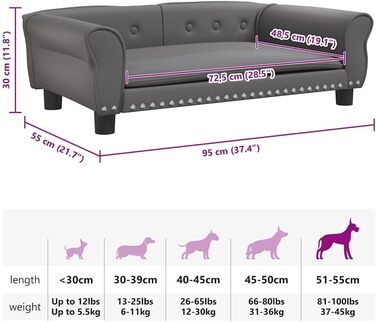 Крісло-ліжко для собак, лежанка для собак з м'якою подушкою, диванчик для маленьких собак, лежанка для домашніх тварин, лежанка для котів, штучна шкіра (95 x 55 x 30 см, сірий)