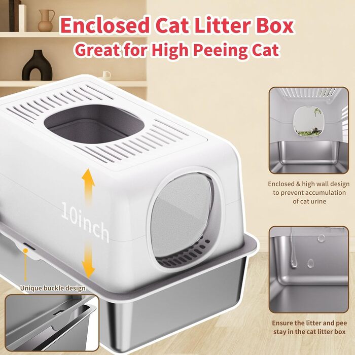 Набір для туалету котів з нержавіючої сталі з кришкою, великий, для великих котів, з совочком та килимком (білий)