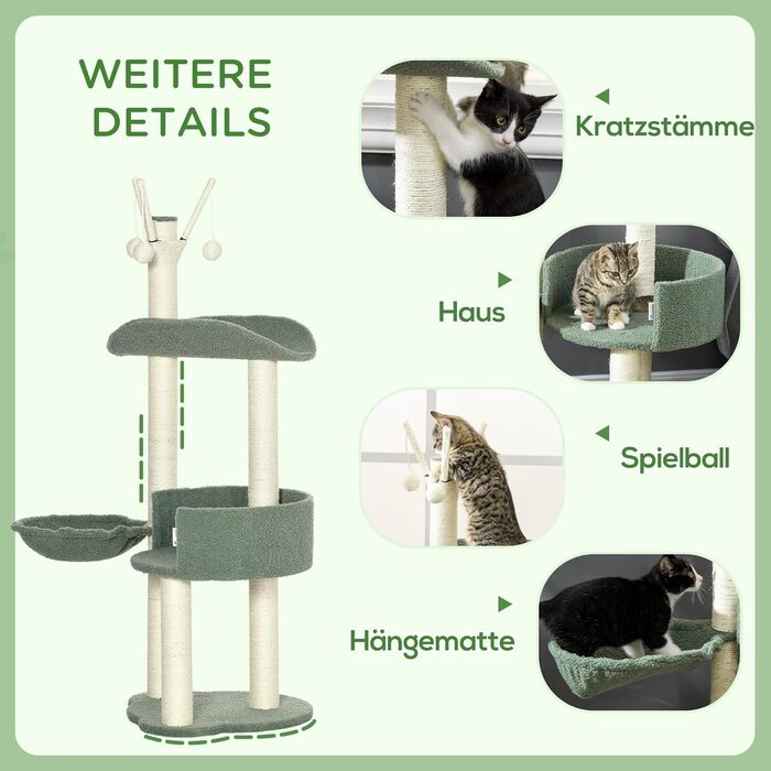 Дерев'яний будиночок для котів PawHut 123H - когтеточка, ліжко, іграшки, сизаль, плюш, кремово-білий+зелений