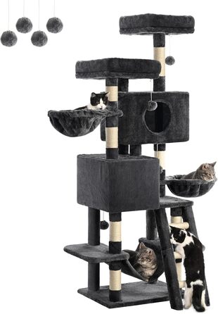 Дерево для котів FourFurPets 160 см, сірий, з двома платформами, двома будиночками, двома кошиками, гамаком, ігровими м'ячиками, сизалевими сходами