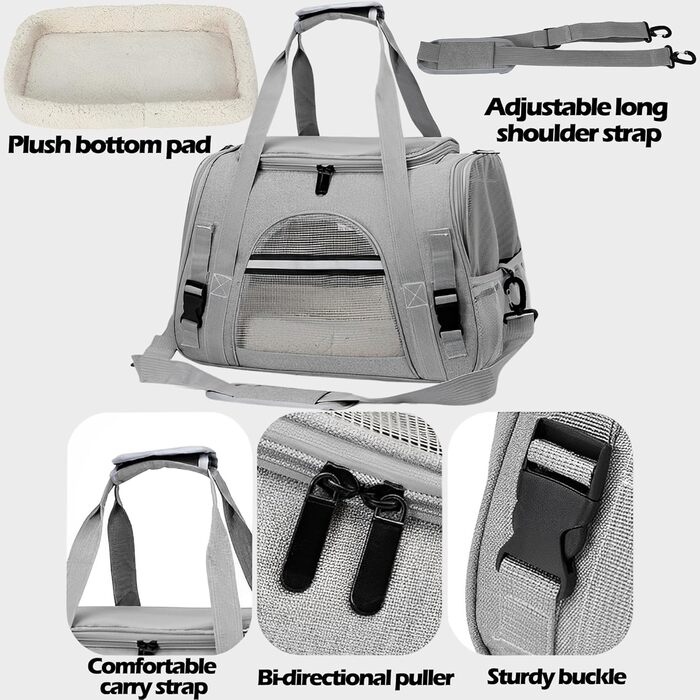 Транспортна сумка для тварин, сіра, 44x25x28 см, з плюшевою подушкою, переноска для кота/собаки, портативна, на блискавці