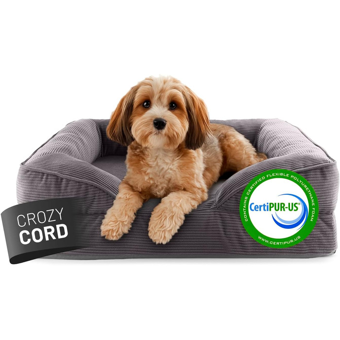 Ортопедичне собаче ліжко Lumaland з корду | Собаче ліжко-софа 70x60 см - для маленьких собак | Нековзне дно | Знімний, пральний чохол та наповнювач | Корд, Memory Foam - Сірий колір 70 x 60 см - Розмір S