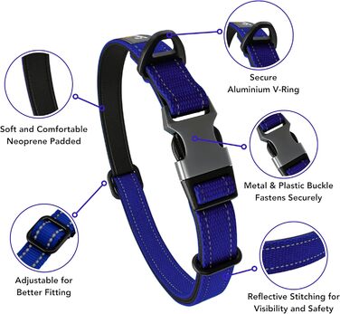 Нашийник для собак великих порід, світловідбиваючий, з підкладкою, регульований, з металевою застібкою, алюмінієве кільце (L, блакитний)