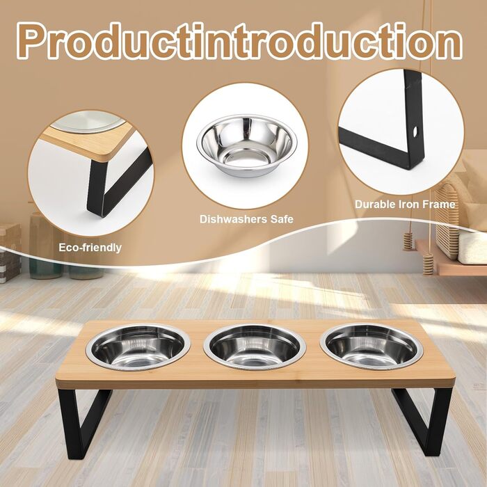 Підвищена годівниця для котів з 3 мисками з нержавіючої сталі, 15° нахил, набір мисок для котів, годівниця для котів та невеликих собак