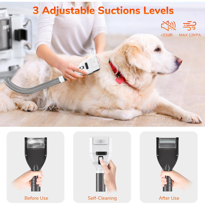 Набір для догляду за тваринами KACNON: шерстьосав'ювач та пилосос 3.3L, 13kPa. Безшумна машинка для стрижки собак та котів. Електрична щітка для тварин. Білий колір