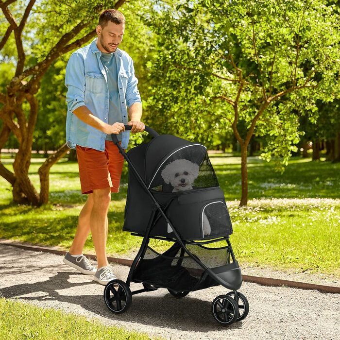 PawHut Buggy для собак та котів, чорний, 83x55x101 см, складна конструкція, EVA колеса, регульований кермо, корзина