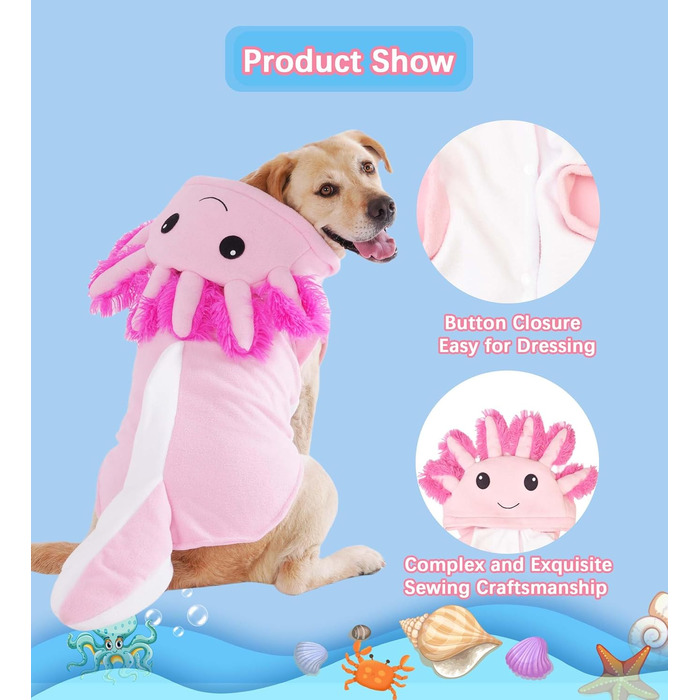 Костюм для собак Axolotl від FLAdorepet, карнавальний костюм рибки-саламандри, одяг для собак середніх та великих порід, зимовий костюм, капюшонний халат, піжама, кумедний одяг для догів, лабрадорів, бульдогів, розмір 6XL (Обхват грудей 84 см, Вага 23-27 