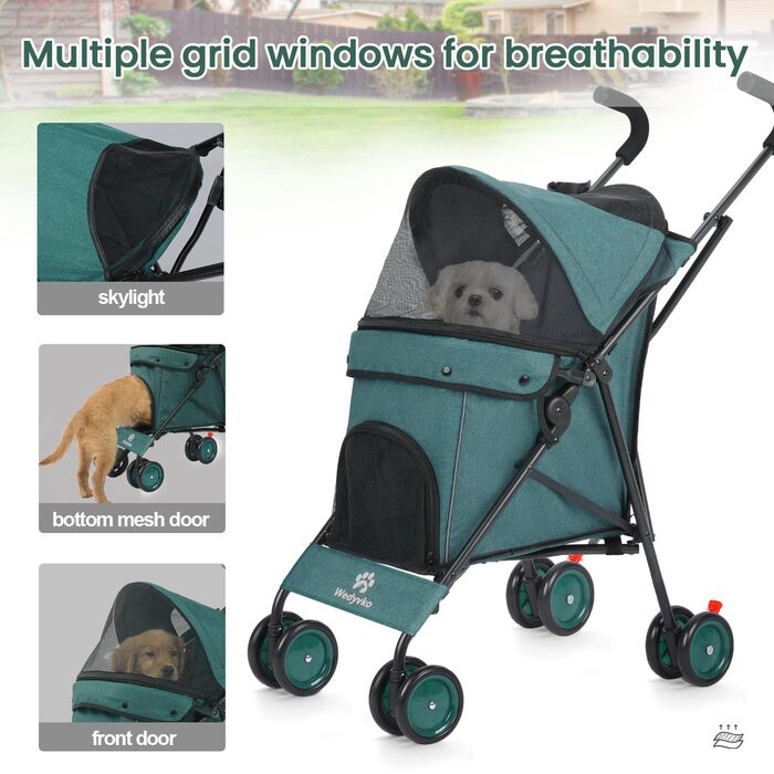 Дитяча коляска 3-в-1 для собак та котів, складана, 6 коліс, дихаюча сітка, темно-зелена