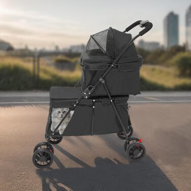 Візок для собак та котів, 2-шарів, до 15 кг, чорний, складний, з сіткою для вентиляції та ременями безпеки