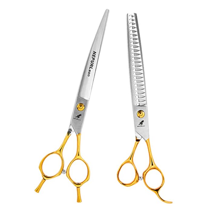 Набір професійних ножиць для грумінгу домашніх тварин (19,1 см), прямі та зігнуті ножиці для вирівнювання, сталь VG10
