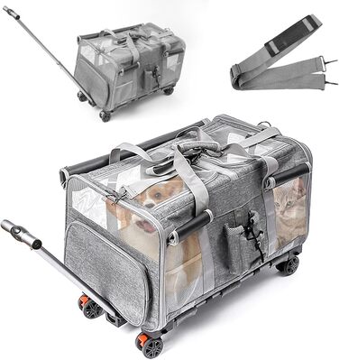 Велика переноска для тварин з двома відділеннями та колесами для кота/собаки, знімна складана переноска для 2 котів до 20 кг, вентильована переноска-рюкзак для котів для подорожей/походів/кемпінгу