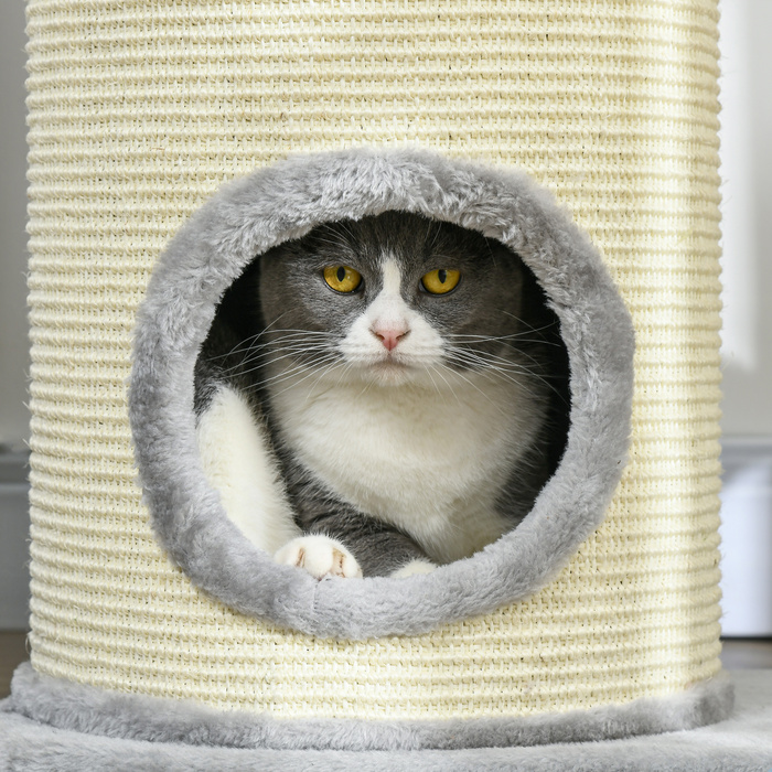 Кігтеточка PawHut Cat з 2 отворами, мотузковий стовпчик з сизалю, кілька платформ, м'яка плюшева та м'ячова іграшка, сіра 59x35x100 см