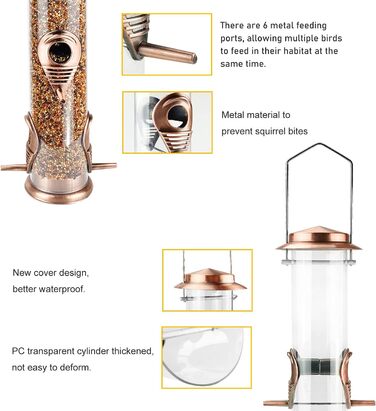 Металева годівниця для птахів з підвісним тросом, 6 відділень, для насіння, антична мідь