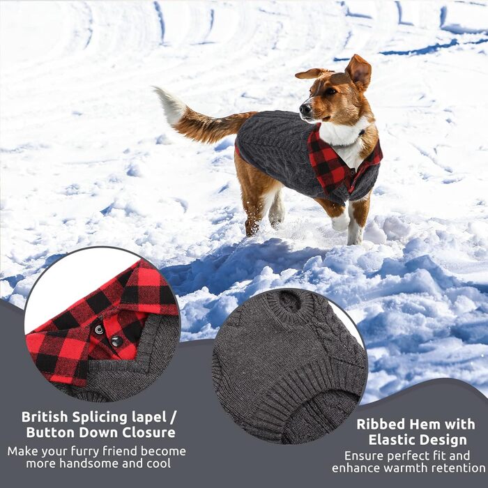 Теплий собачий светр CITÉTOILE з візерунком у клітинку, високим коміром та отворами для повідка – зимовий одяг для собак маленьких, середніх та великих порід, а також для котів, сірий, розмір M
