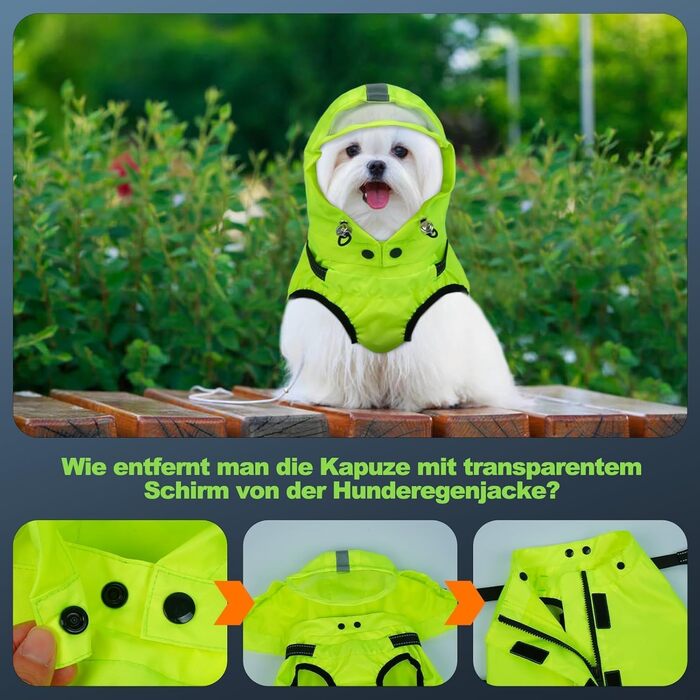 Водонепроникний дощовик для собак, дощова куртка з світловідбиваючими смугами, нагрудник H-подібної форми (D-кільце) та знімний капюшон з візором, ідеально підходить для собак середніх та великих порід [Неоновий зелений, розмір 3XL] 3XL Зелений