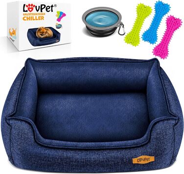 Лежак для собак Lovpet XL 110x75x27 см, комплект з мискою та 3 кісточками, знімний і праний чохол, для малих, середніх і великих порід, темно-синій