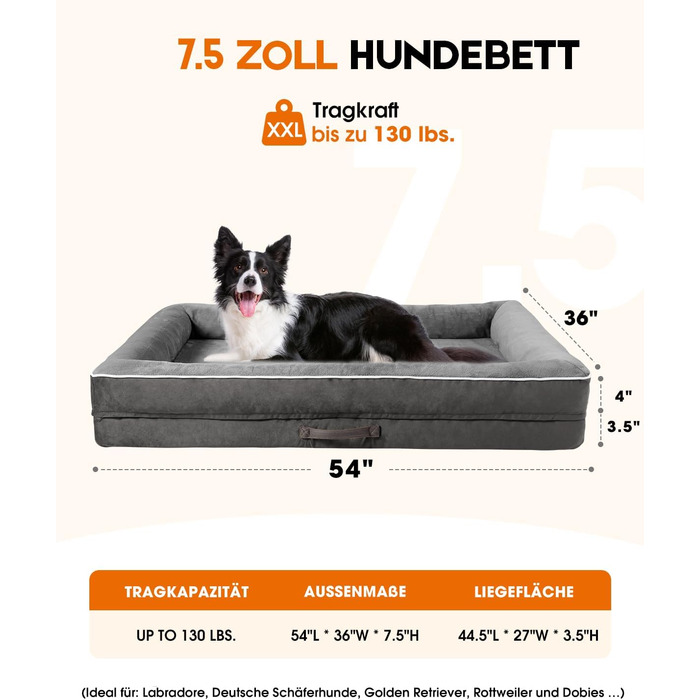 Ортопедичне ліжко для собак XXL, корзина для собак, що можна прати, з яєцеподібною піною, водовідштовхувальне диван для собак з неслизьким дном та чотиристоронні подушки (Сірий, 137x91x19 см)