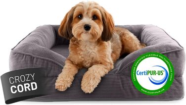 Ортопедичне собаче ліжко Lumaland з корду | Собаче ліжко-софа 70x60 см - для маленьких собак | Нековзне дно | Знімний, пральний чохол та наповнювач | Корд, Memory Foam - Сірий колір 70 x 60 см - Розмір S