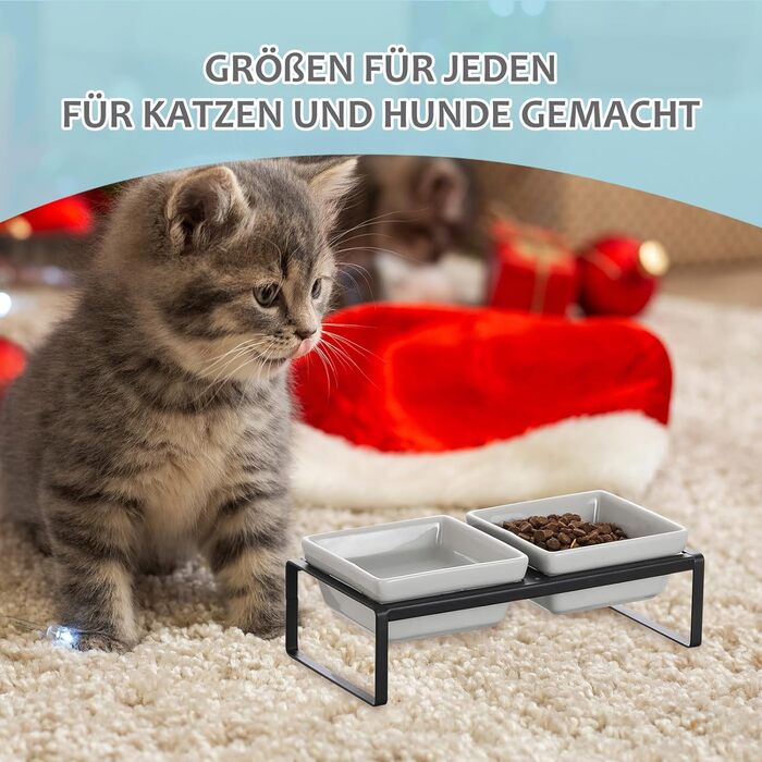 Підвищена годівниця для котів та собак сірого кольору, з підставкою, з подвійної кераміки, 2 x 280 мл