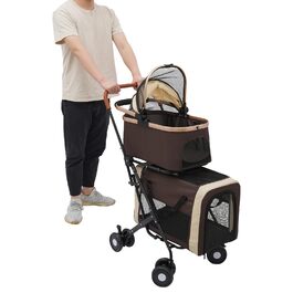Візок для собак та котів 3 в 1, до 35 кг, складаний, з переносною сумкою та сітковими віконцями (колір кавовий)