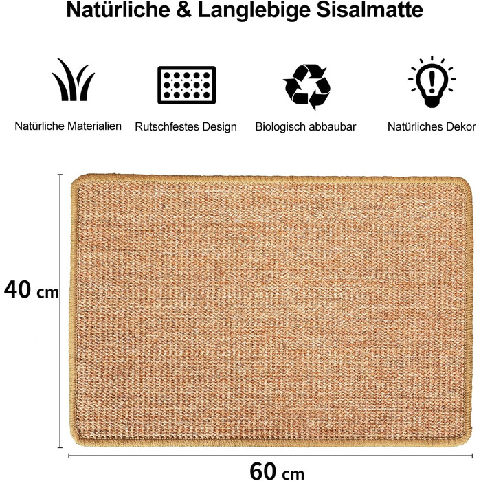 Килимок для котів FUKUMARU з сизалю, 60x40 см, коричневий: міцний килимок-подряпування для котів