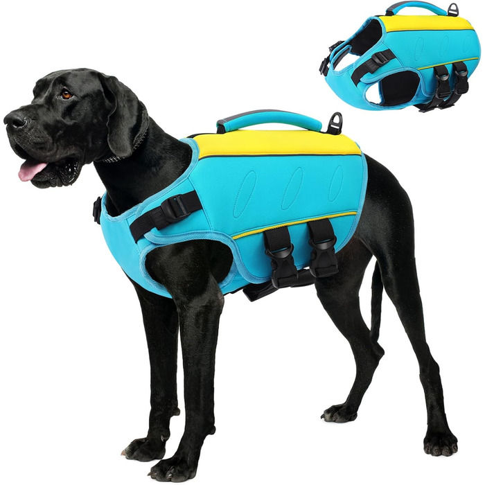 Рятувальний жилет для собак AOFITEE з надзвичайним плавучістю, рифлений, для плавання та катання на човні (XX-Large, блакитний)