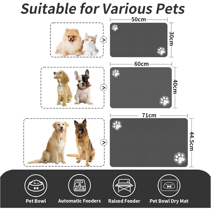 Підстилка для годівлі домашніх тварин – вбираюча підкладка під миски для їжі та води, стійка до плям, швидковисихаюча (темно-сірий, 2 лапки, 44.5 x 71 см)
