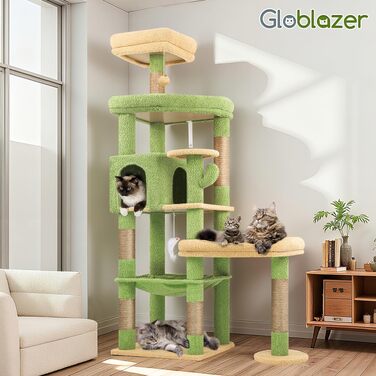 Комплекс для котів Globlazer Kratzbaum 165 см для великих котів: будиночок, платформа 48x42 см, гамак, стовпчики, стійкий, зелений