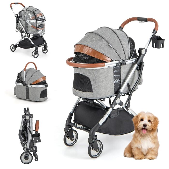 GYMAX 2-в-1 Візок для собак, візок для домашніх тварин з захистом від дощу, візок для собак з кошиком для зберігання та тримачем для напоїв, складний візок-переноска для собак та котів