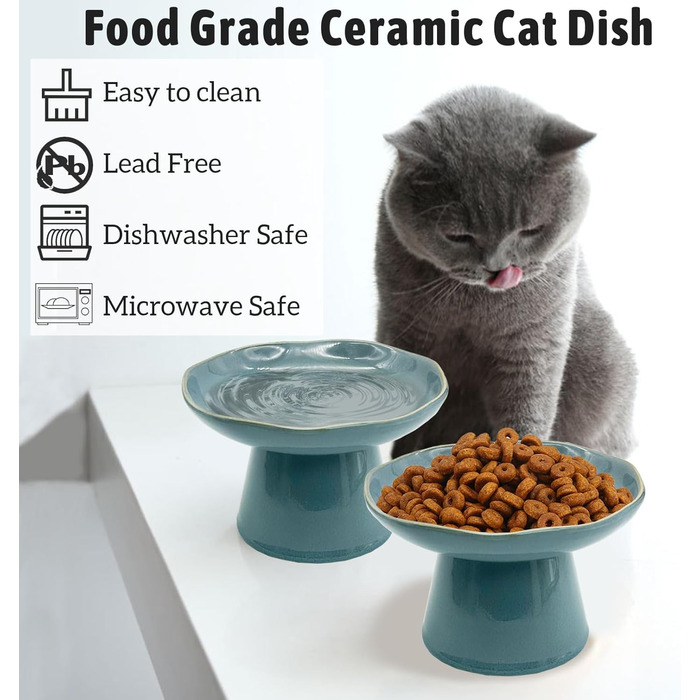 Керамічні миски для котів, 2 шт., 15.5 см, плоскі, анти-вуса, для корму та води, блакитні