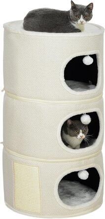 Котячий будинок-вежа PawHut 100 см, з сизалем, 3 отвори, іграшкові м'ячі, для котів до 6 кг, бежево-кремовий
