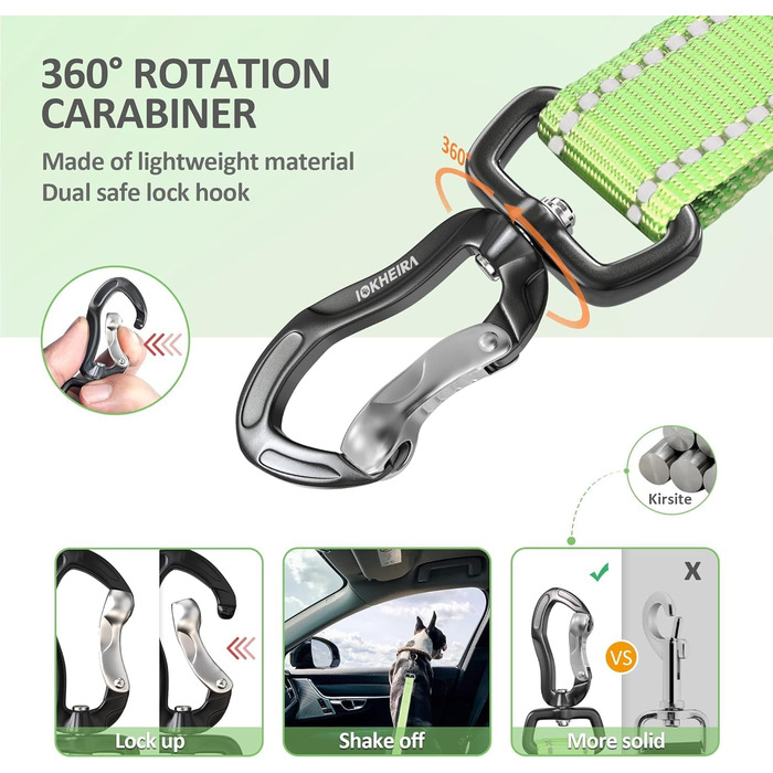 Автомобільний поводок для собак IOKHEIRA: безпечний, регульований, з універсальним з'єднувачем (неоновий зелений)