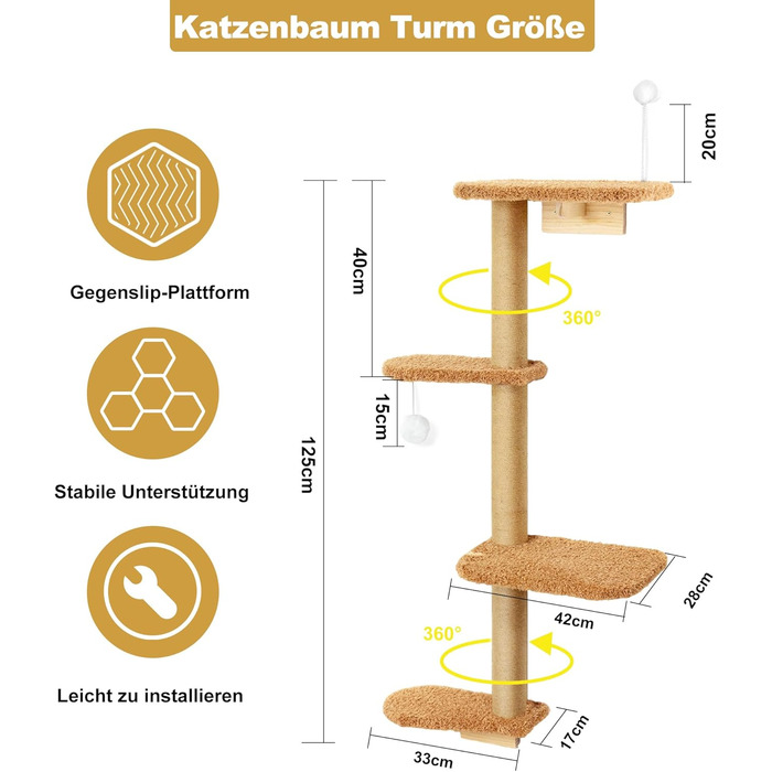 Кліматична стіна для котів Kratzbaum 125 см, 4 яруси, з натурального дерева та міцного фетру, коричнева