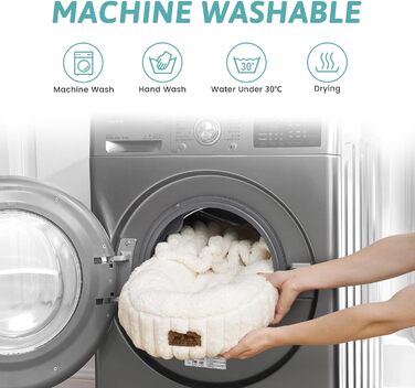 Зимове ліжко для котів з ковдрою, м'яке ліжко-пончик для собак та котів, тепла затишна печерка з підтримкою голови та шиї, штучне хутро, можна прати (кремовий, 58x58x15 см)