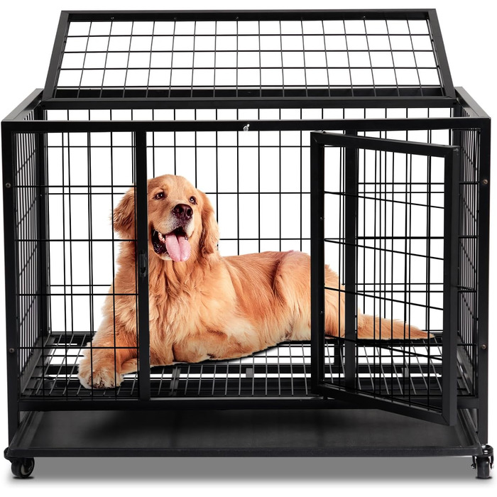 Міцна переносна переноска для собак, 2 двері, фіксуючі колеса, знімний піддон – для середніх та великих собак – чорна (92x62x75 см)