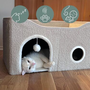 Кігтечка-будиночок для котів PAWY з подушкою, бежева, 40x40x44 см