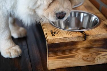 Миска для собак і котів Nobledog з кедрового дерева, станція для годування з двома мисками з нержавіючої сталі, об’єм 2×0,6 л