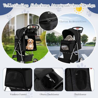 Візок для тварин GYMAX: розкладний візок для котів/собак до 15 кг, з кошиком для зберігання, захистом від дощу та сіткою, 4 колеса, чорний