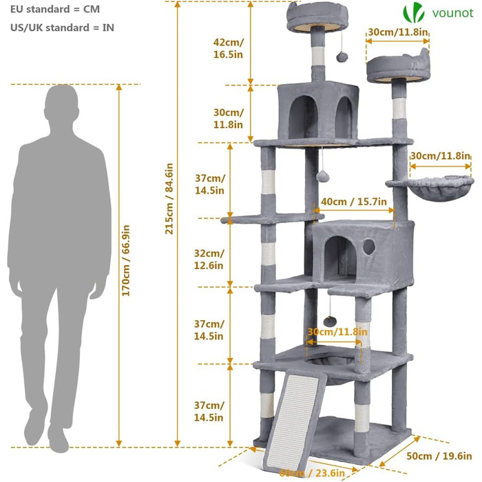 Двоповерховий котячий будиночок Vounot XXL (215 см), стійкий котячий комплекс з гамаком, корзиною та шматочками для дряпання, сірий