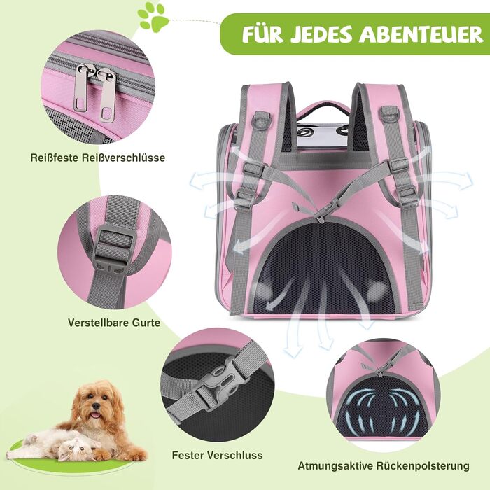 Рюкзак для котів та маленьких собак ALLSOPETS, дихаючий, з фронтальною відкриваністю та страхувальною лінією, для подорожей, прогулянок та хайкінгу (М'ятно-зелений, Квітково-рожевий)