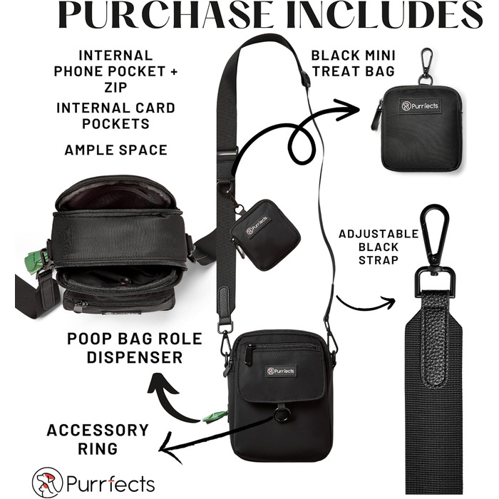Сумка для собак на прогулянку, унісекс, з міні-пакетом для ласощів, диспенсером для пакетів для екскрементів, регульованим ременем, міцна сумка для ласощів для дресирування собак (чорна)