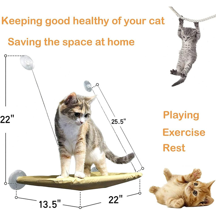 Крісло-гамак для котів JinRui-T на вікно, безпечне сонячне ліжко, міцні присоски, кріплення на вікно, до 13,6 кг (Хакі)