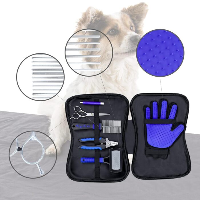 Набір для догляду за тваринами 7 предметів: щітка для шерсті, ножиці для шерсті, ножиці для кігтів, рукавичка для вичісування, щітка для ворсу, щипці для кліщів, для собак, котів, дрібних тварин