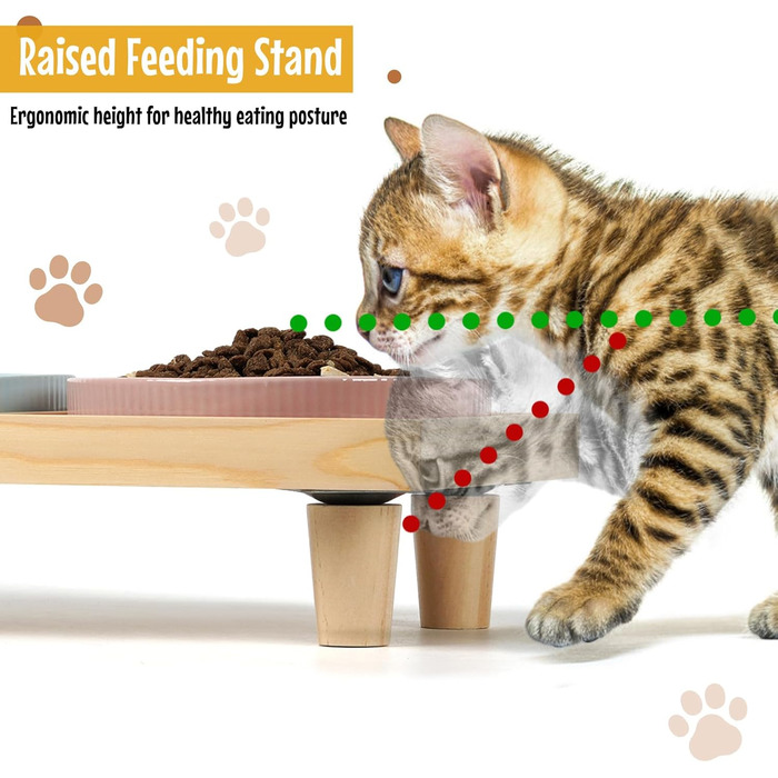 Миска для котів плоска керамічна з дерев'яною підставкою, піднята станція для годування з 2 керамічними мисками, миска для котів, діаметр миски 16 см для їжі та води, рожева & блакитна, блакитно-рожева