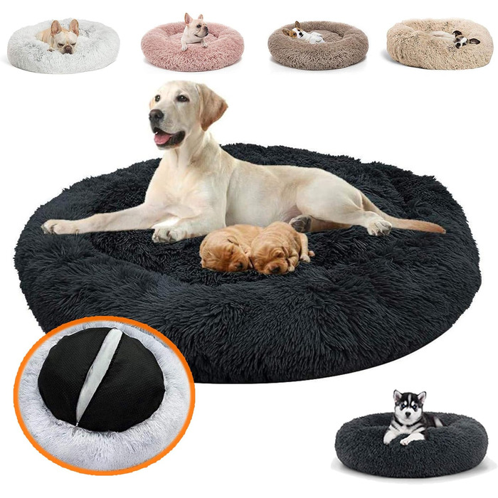 Кругле ортопедичне ліжко для собак великих та екстра-великих порід, м'яке собаче ліжко-подушка у вигляді пончика, плюшеве собаче ліжко-софа, кошик для собак, пухнасте, можна прати - Чорний, 80см, 100x100x20см